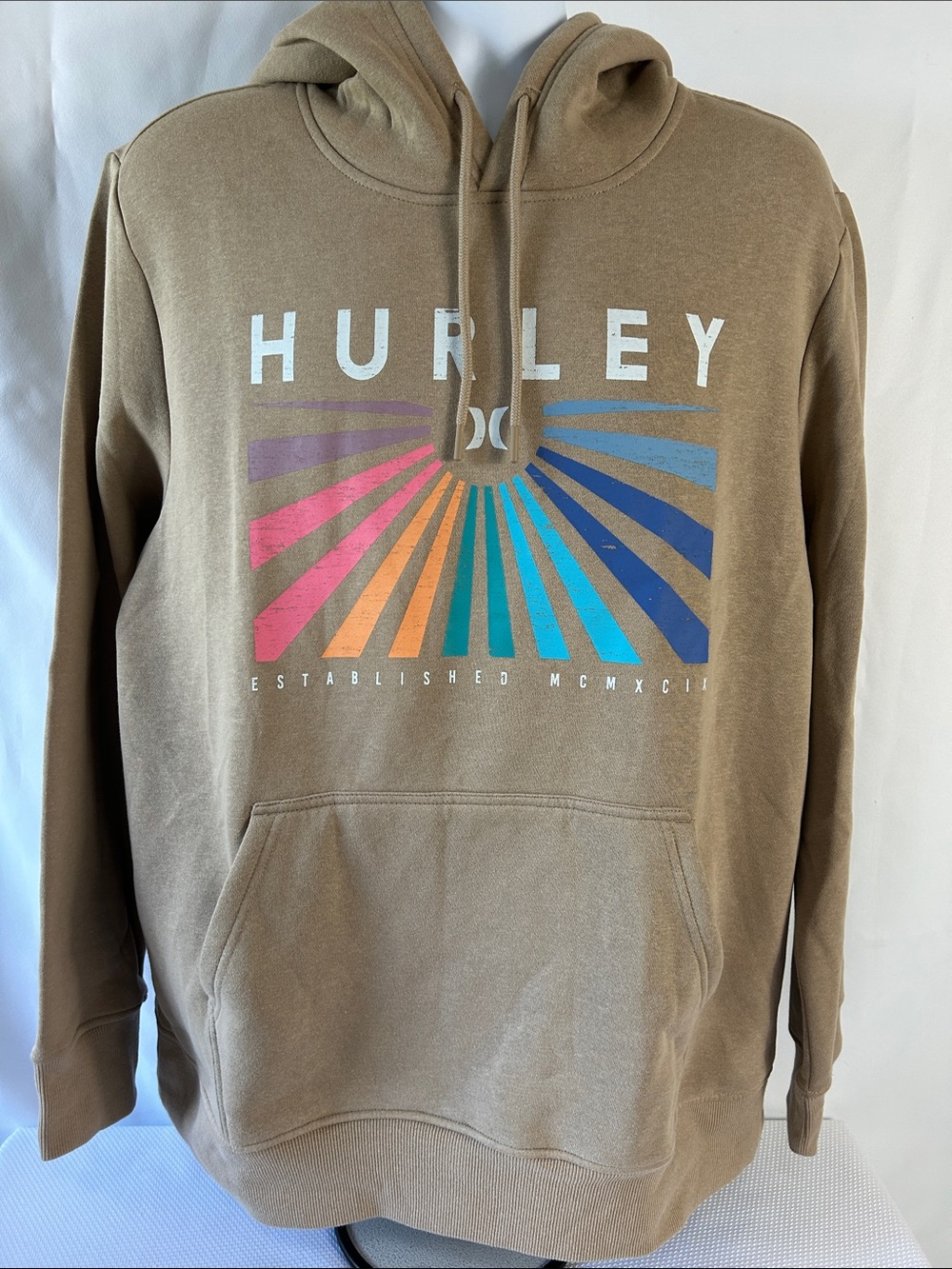 Hurley Men’s XL Tan Hoodie Multicolor Beam Logo Front Pullover Sweatshirt